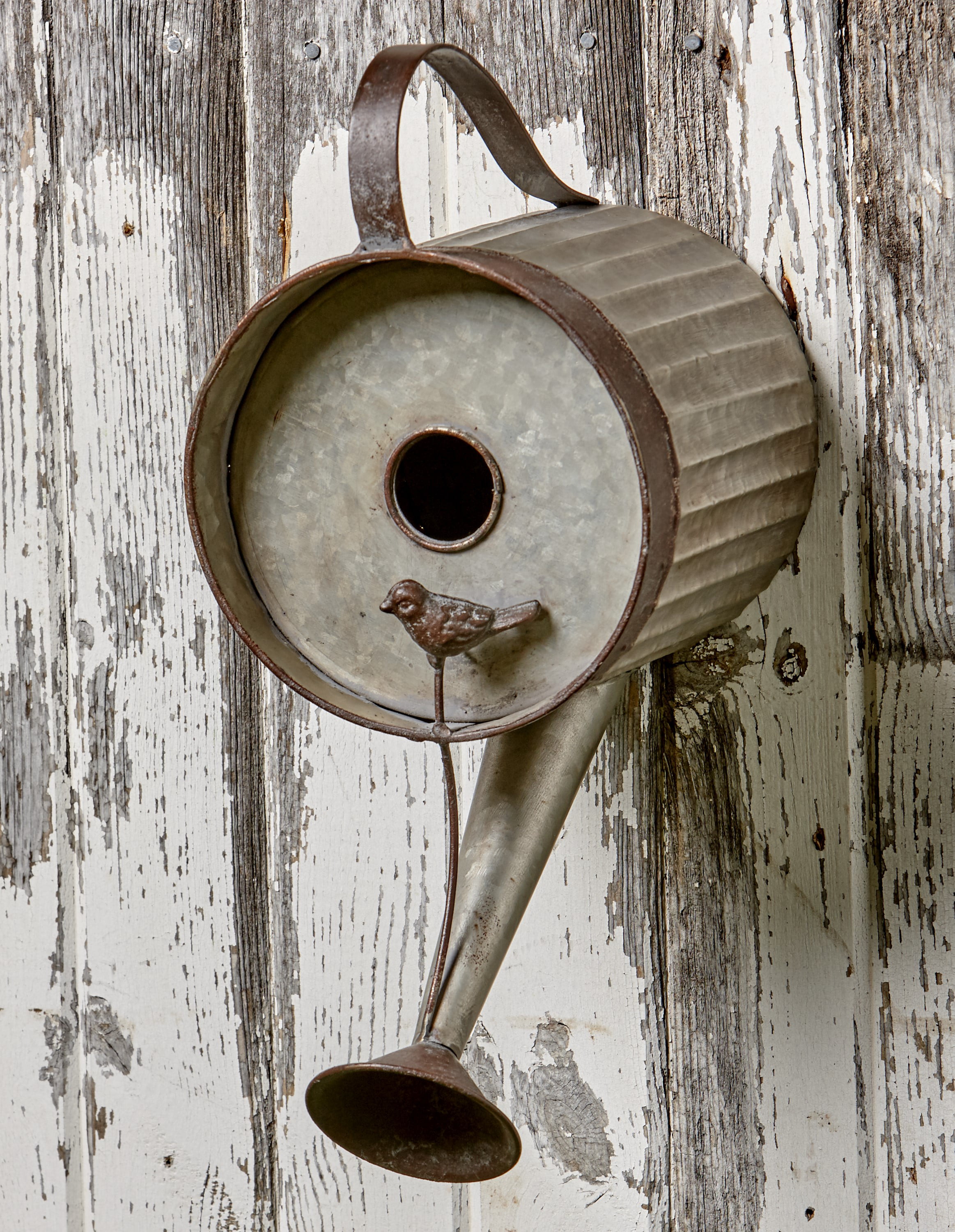 Rustic Weathered Finish Metal Watering Can Hanging Birdhouse 