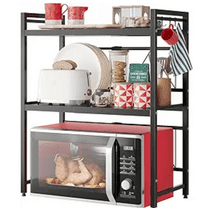 Expandable Microwave Stand,3 Tier Metal Kitchen Countertop Organizer Shelves with 8 Hooks,Bakers Rack,Microwave Shelf,Microwave Oven Rack,110lbs Weight Capacity