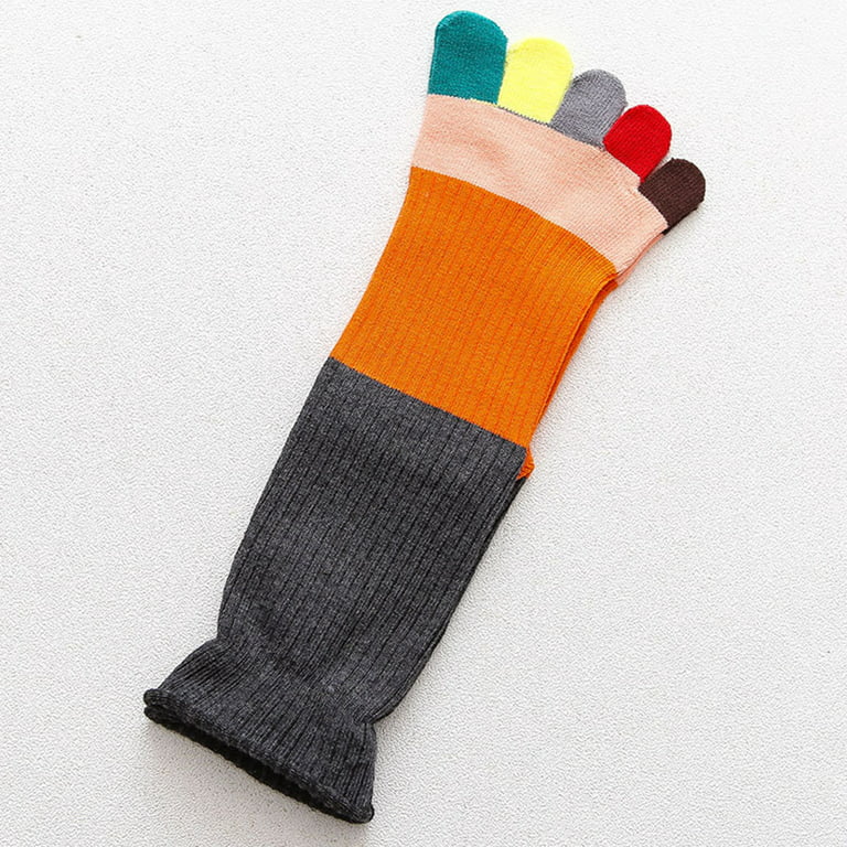 Women Funny Rainbow Colorful Split Toe Socks Harajuku Japanese Style  Contrast Color Patchwork Ribbed Five Finger Separated Mid Tube Hosiery 