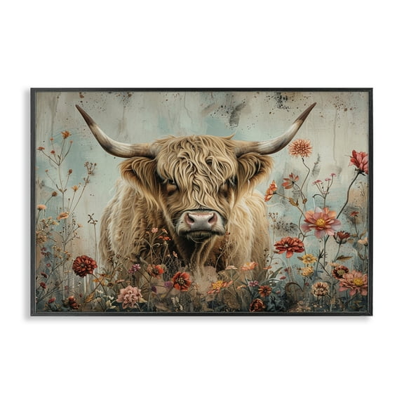 Stupell Industries Spring Blooms Highland Cow Animals Painting Black Framed Art Print Wall Art, 18 x 12