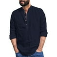 thumbnail image 2 of Lroveb Mens Linen Shirts Loose Fitting Shirt Stand Collar Long Sleeve Shirt Dark Blue, 2 of 8
