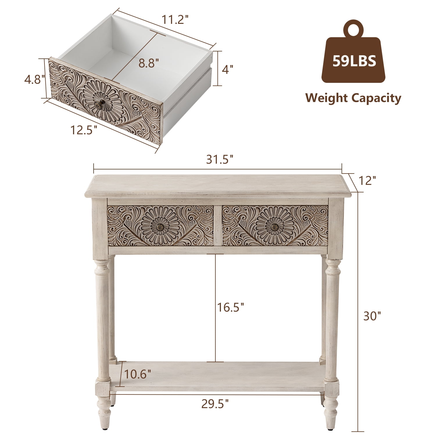 VENTOPYR 32''Vintage Console Table,Solid Wood 2-Drawer Entryway Table