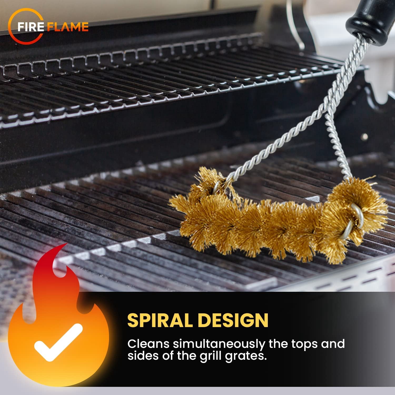 Fireflame BBQ Grill Brush  Non-Scratch Brass Bristles - 12-Inch Long Handle Barbecue Grill Cleaning Brush - Wide-Faced Spiral Heavy-Duty  Made in The USA