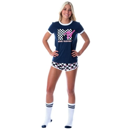 

MTV Women s 3 Piece Lounge Wear Pajama Set (Boxer Shorts Shirt Socks) (MD)