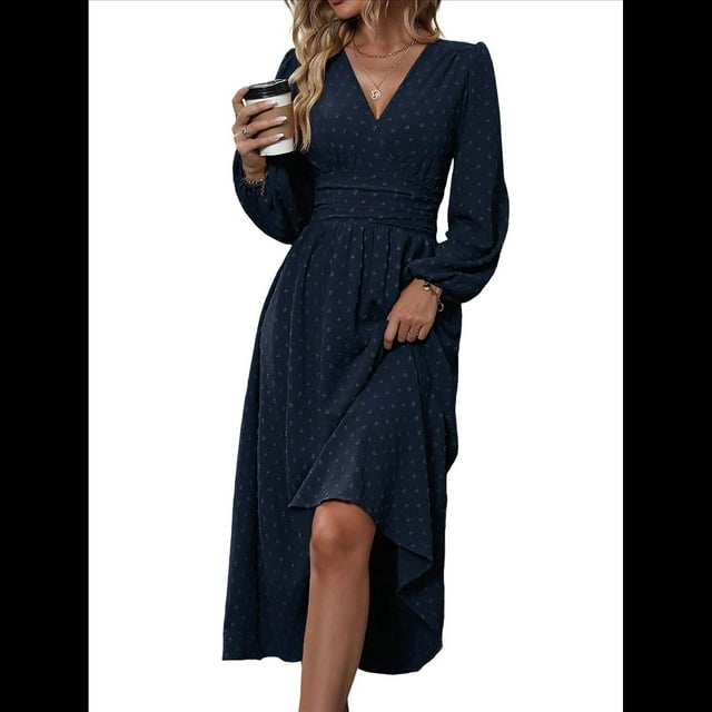 Vestidos Largos Bohemios de Otoño para Mujer, con Cuello en V, Lunares, Cintura Alta, Corte A y Volantes, para Vacaciones. Azul Marino L