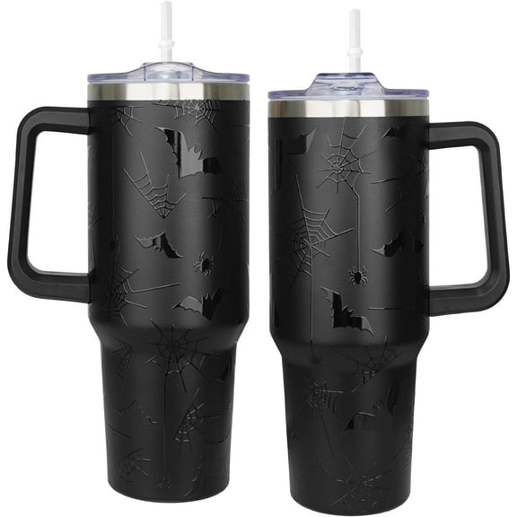 40 oz Halloween Tumbler with Handle Lid and Straw - 5D Bat and Spider Web Printed Black Spooky Halloween Water Bottle Travel Mug Cup Gifts for Women Men Adults