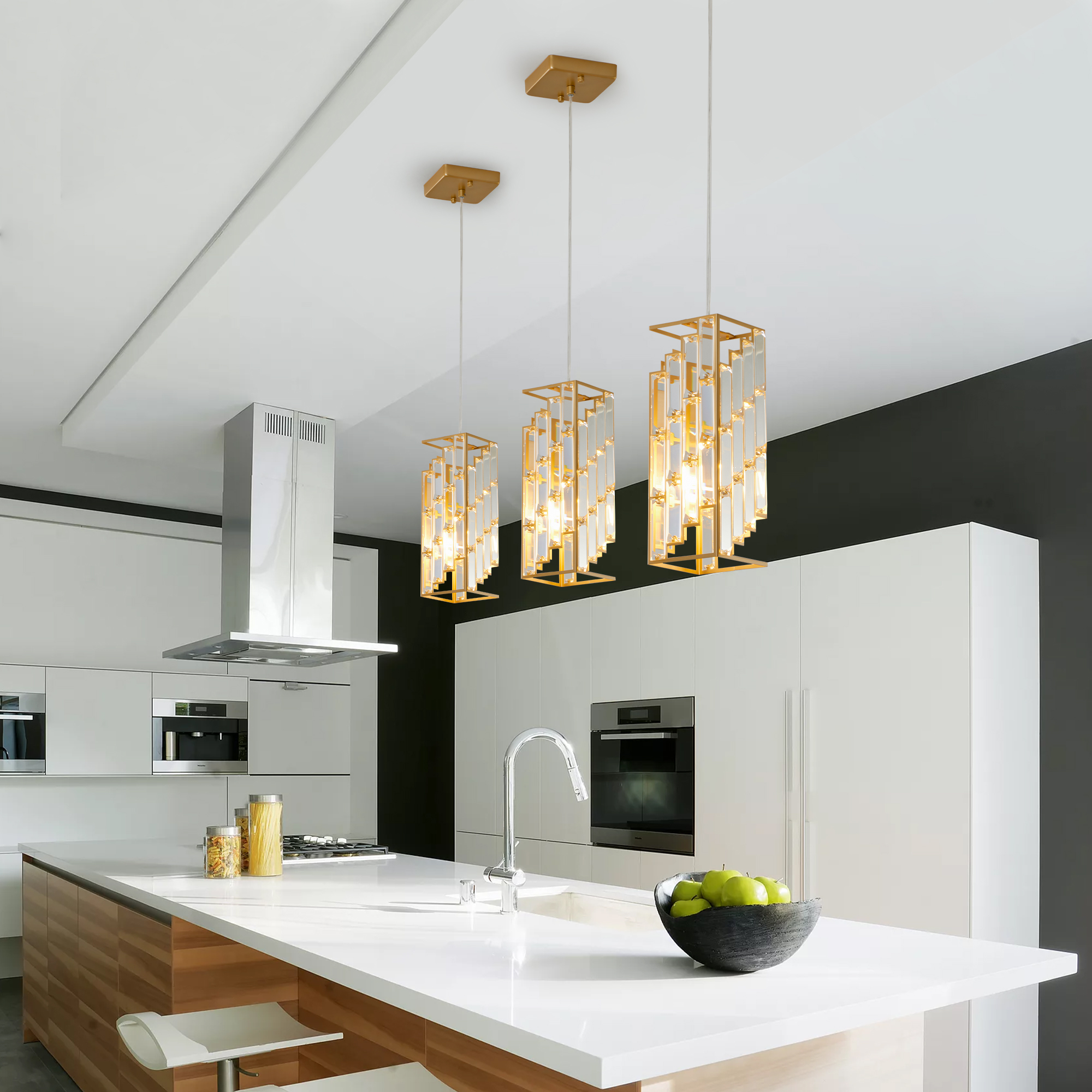 Miniyam Modern Crystal Pendant Light, 3-Pack Adjustable Hanging Ceiling Lamp for Dining Room, Gold