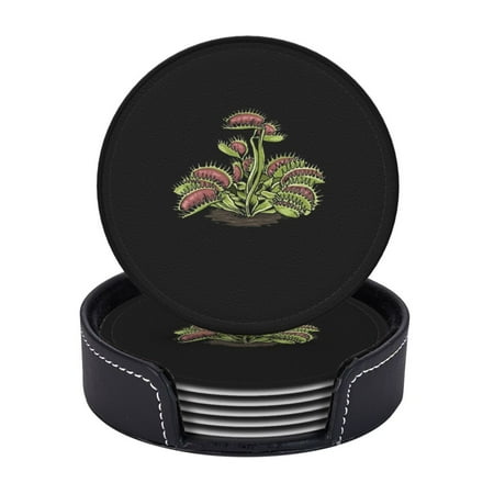 

Venus Fly Trap Tshirt Carnivorous Plant Leather Coasters With Leather Holder Set Of 6 Round Coasters for Home and Kitchen Decor