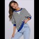 thumbnail image 4 of Sudaderas A Rayas para Mujer, Camisetas de Larga con Cuello Redondo de Gran Tamaño, Jersey Y2K, Ropa de Moda de Otoño Azul M, 4 of 9