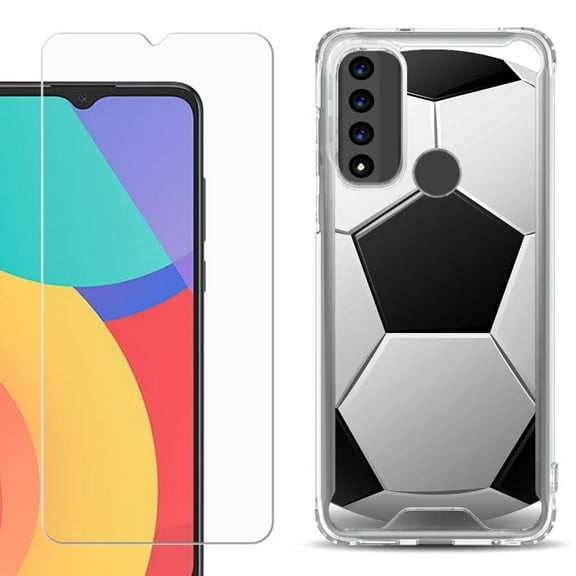 Shockproof Bumper Phone Case for TCL 20 XE, with Tempered Glass Screen Protector, by OneToughShield ® - Soccer