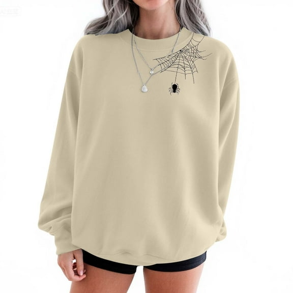 Sweatshirts for Women Plus Size Halloween Sweatshirts Printed Round Neck Long Sleeved Sweatshirts Beige XL