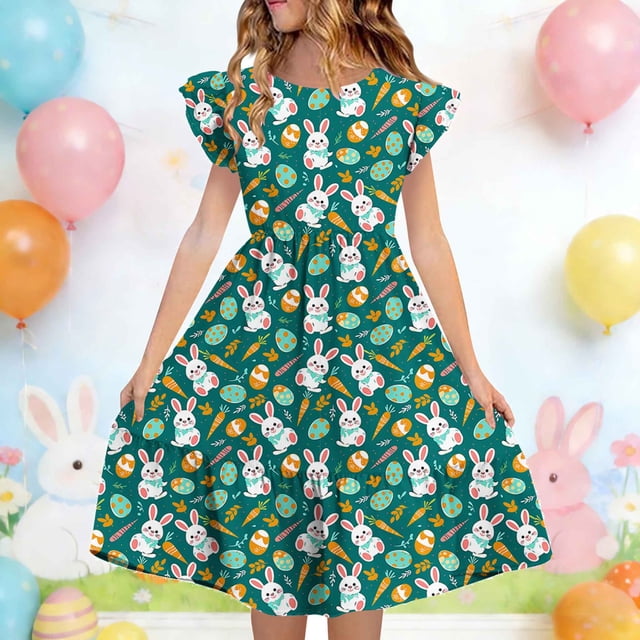 EGNMCR Robe à Manches Courtes Col Rond Robe d'Été pour Enfants à Manches Plissées Double Couche Imprimée pour Enfants de 5 à 14 Ans