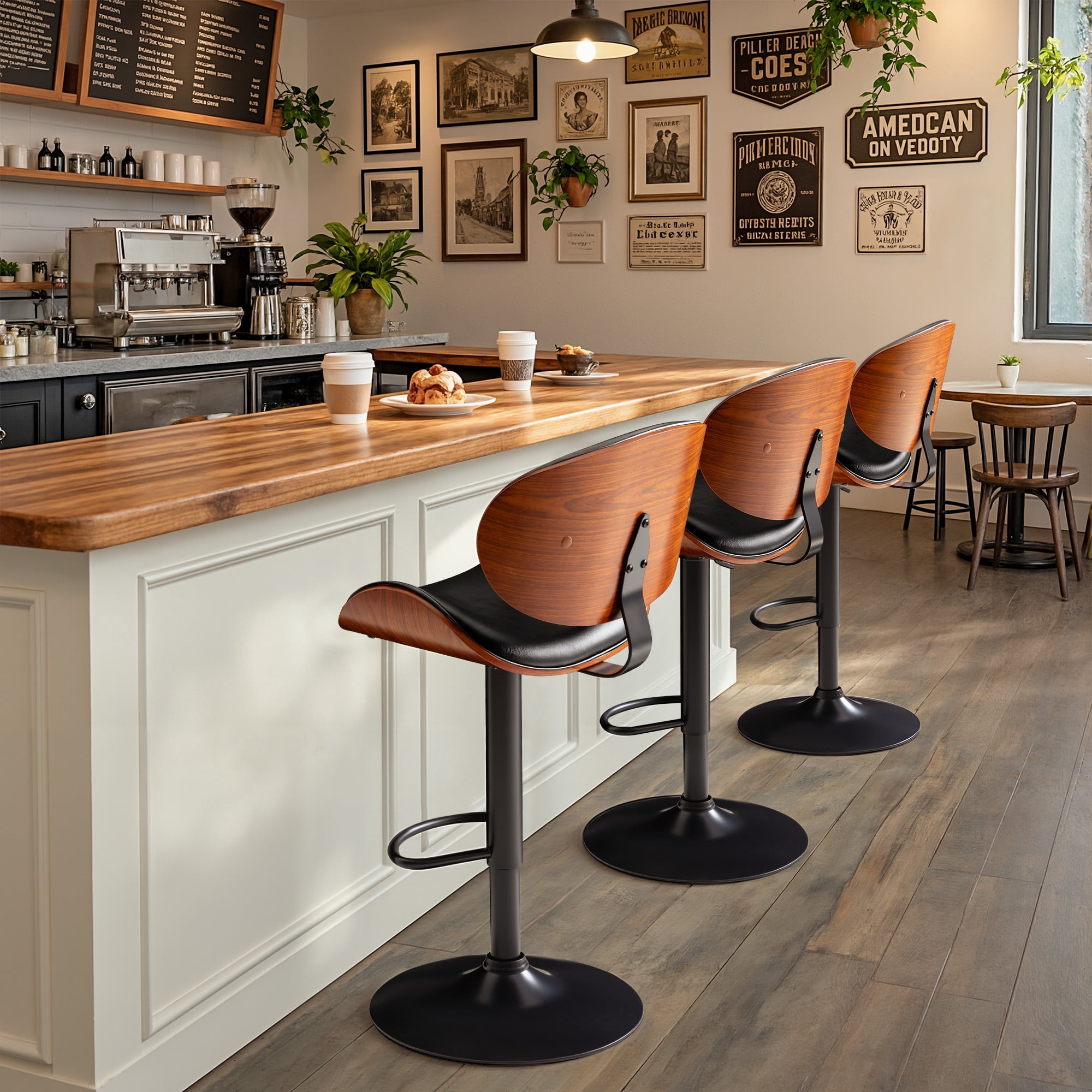 Homall Bar Stools Set of 2 Swivel Counter Height Bar Chairs Upholstered Bentwood Barstools with Back and Footrest for Kitchen, Coffee Bar, Black