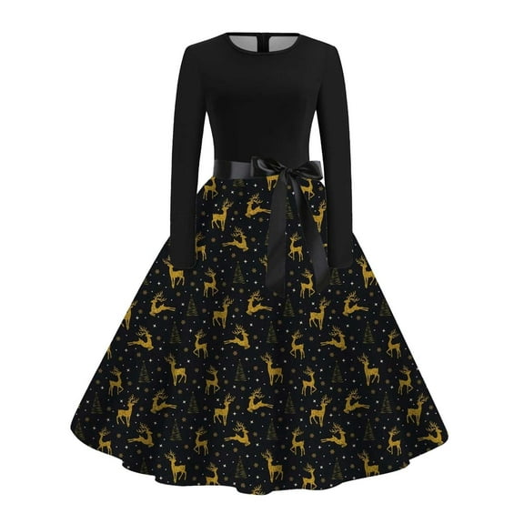 Christmas Skirts for Womens Christmas Outfit Women's Christmas Crewneck Long Sleeve Printed Dress