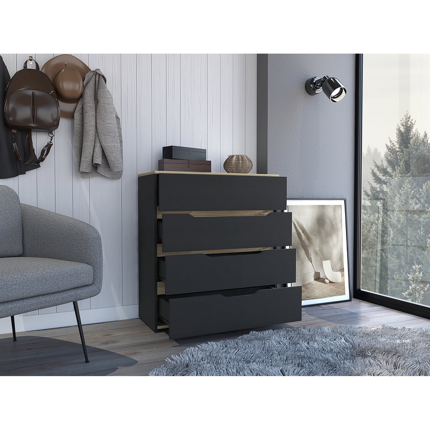 Kadyn Dresser Oboe, Chest of Drawers with Four Drawers, Black Nightstand for Living Room, Storage Cabinet Kadyn Dresser Oboe, Chest of Drawers with Four Drawers, Black Nightstand for Living Room, Storage Cabinet