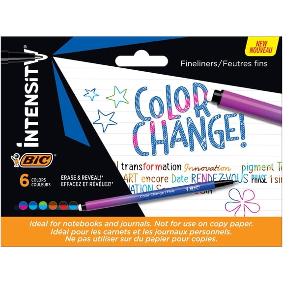 BIC Intensity Color Change Felt Pens, Fine Tip 0.4mm, Black/Blue Ink, 6 Pack