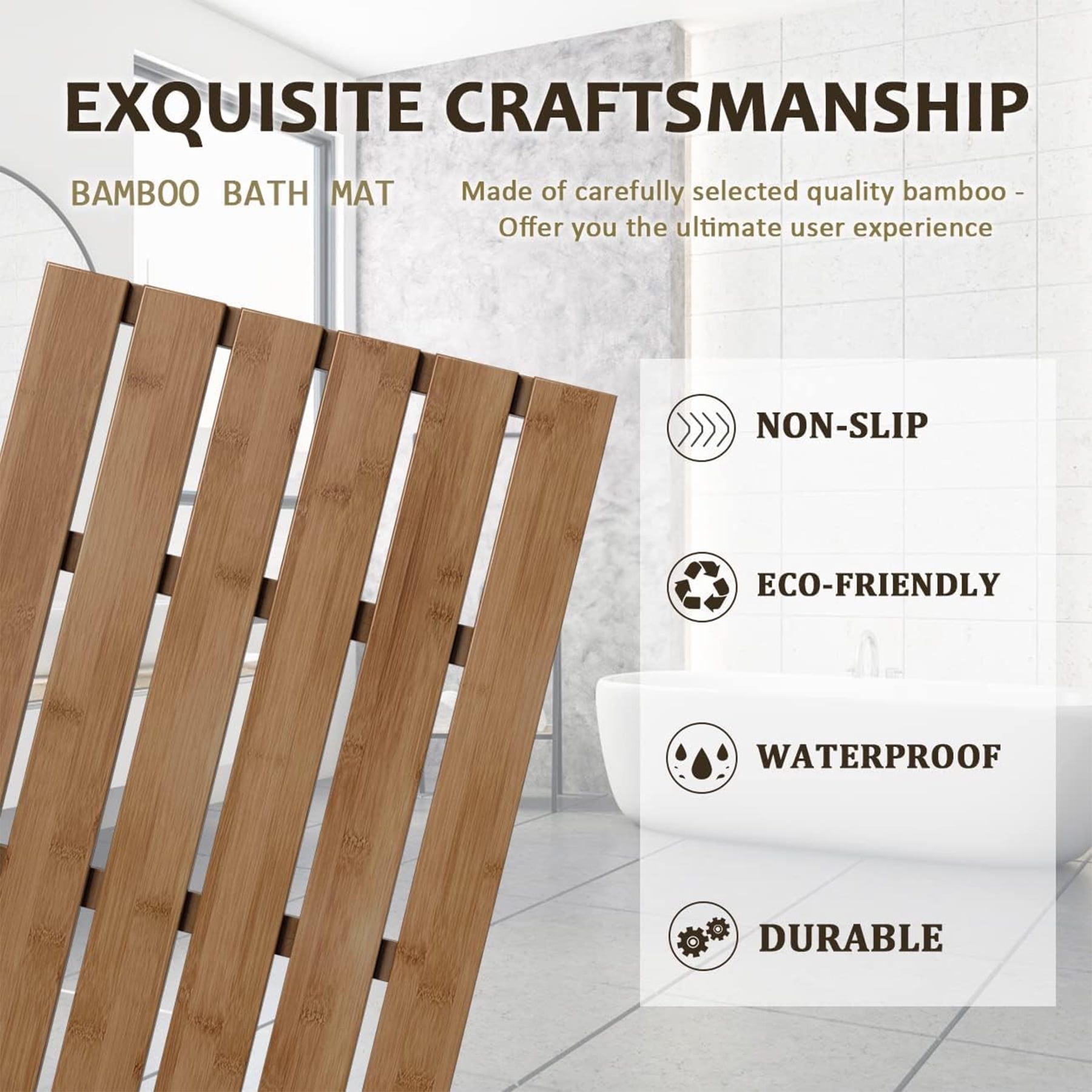 Bamfan Bath Mat for Luxury Shower - Non-Slip Bamboo Sturdy Water Proof Bathroom Carpet for Indoor or Outdoor Use