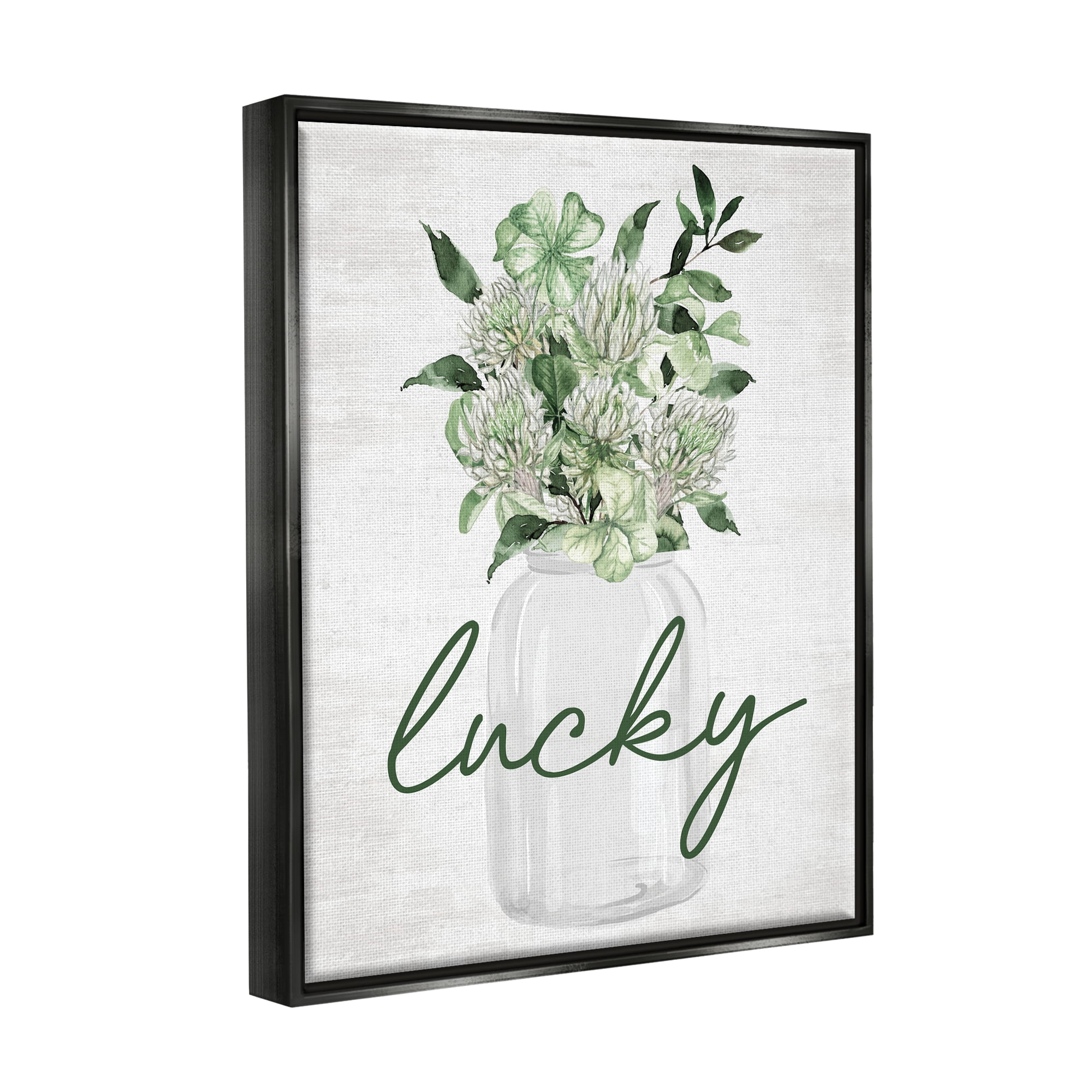 Stupell Industries Lucky Clover Herb Bouquet Botanical & Floral Painting Black Floater Framed Canvas Art Print Wall Art, 25 x 31