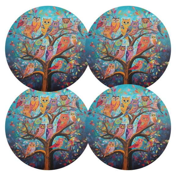 Ryvnso Owls on Tree Branch Round Plate Mats Dining Table Placemat Set of 4 for Holiday Decoration
