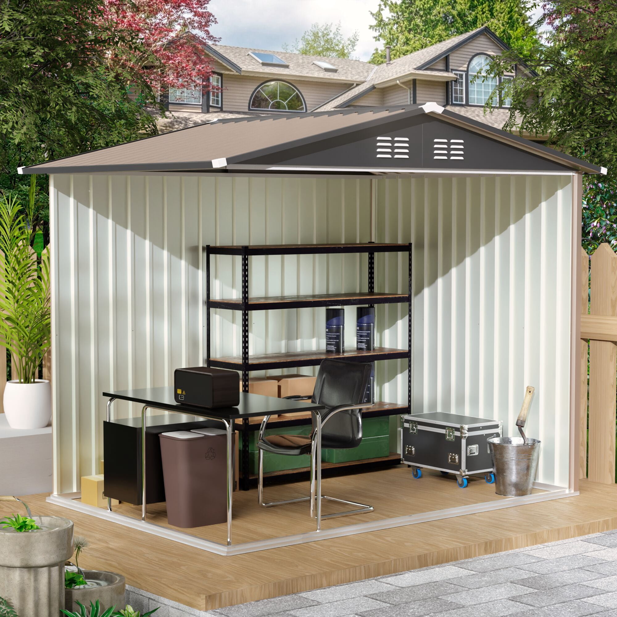 Leumius 6x8 FT Outdoor Storage Shed with Apex Roof Bike Storage Tool Cabinet Box Galvanized Steel Metal Sheds Storage House for Lawn Backyard Patio