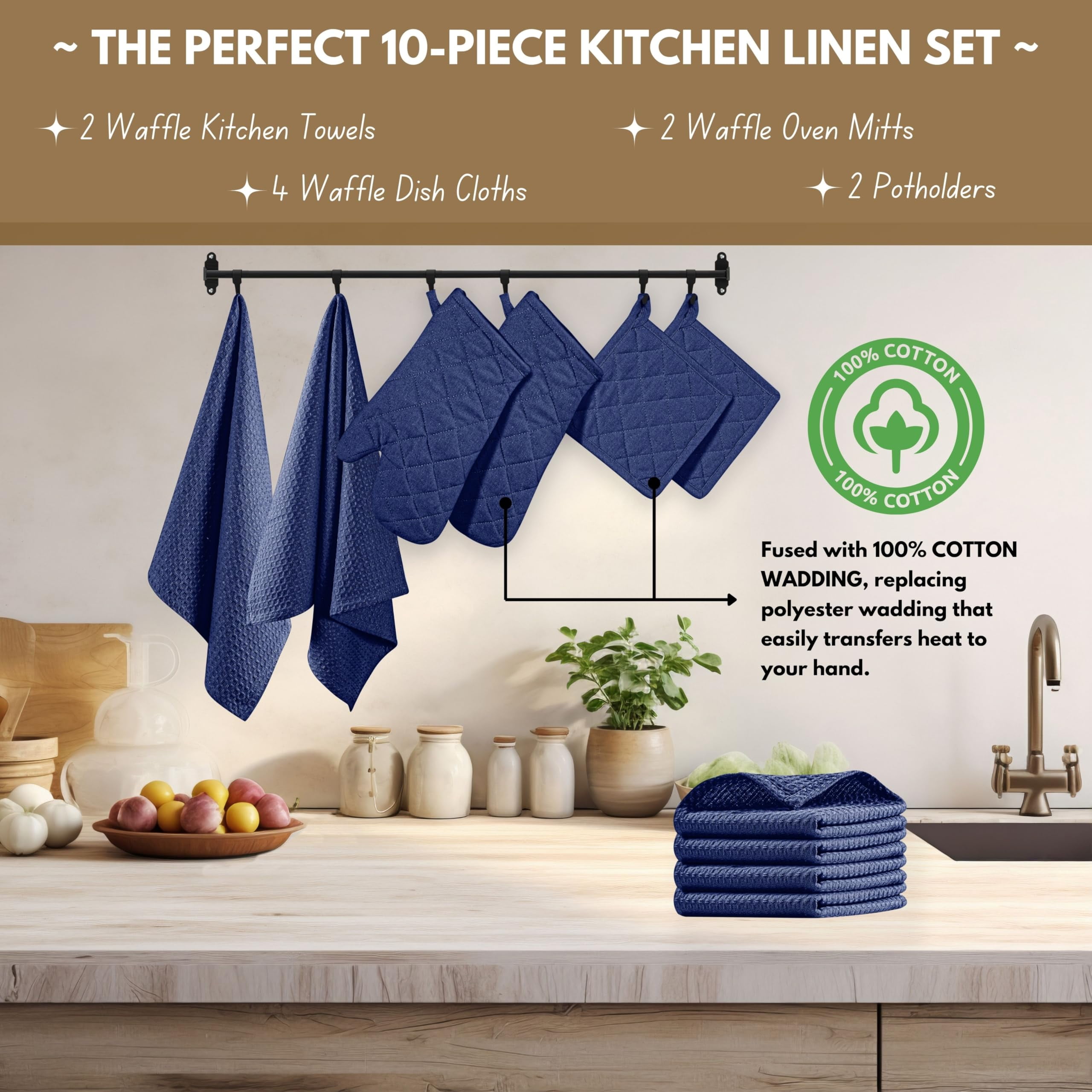 Native Fab 10-Piece Kitchen Set – Includes Oven Mitts, Potholders, Kitchen Towels & Dishcloths, Heat Resistant, 100% Cotton, Durable & Absorbent, Perfect for Cooking, Baking & Everyday Use - Ink Blue