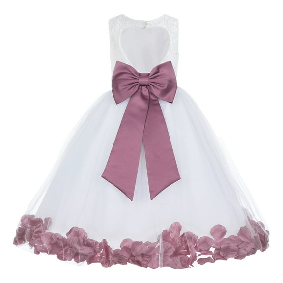 Ekidsbridal Girl Ballroom Flower Girl Dress - Lace Heart Cutout White Tulle with Petals 185T-A (Size: M-12)