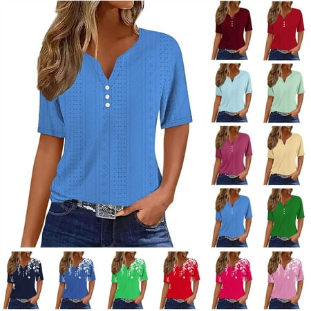 QATAINLAV Summer Tops for Women 2025 Fashion Eyelet V Neck T Shirts Solid Color Casual Loose Lightweight Tee Short Sleeve Dressy Blouses Hot Pink M