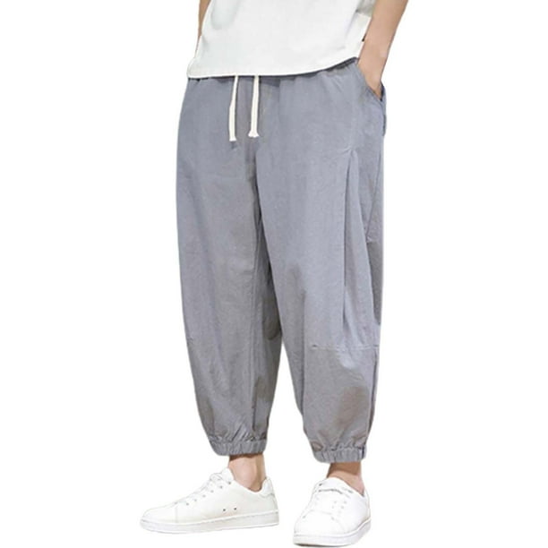 Pantalones informales de verano de algodón rectos y holgados para hombre - Transpirables, color liso, cintura elástica - Para el día a día/trabajo