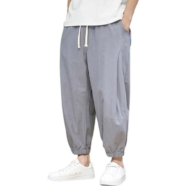 Mens Loose Straight Cotton Summer Casual Pants - Breathable, Solid Color, Elastic Waist - Daily/Work