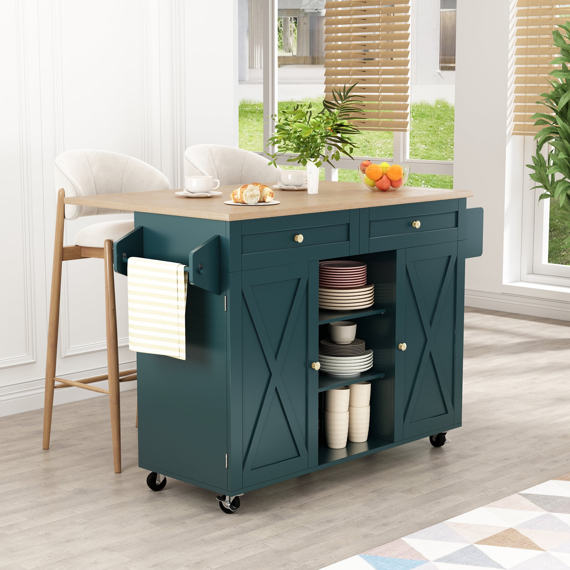 "HLR Large Versatile Folding 51.7"" W Rolling Kitchen Island with Storage, Green"
