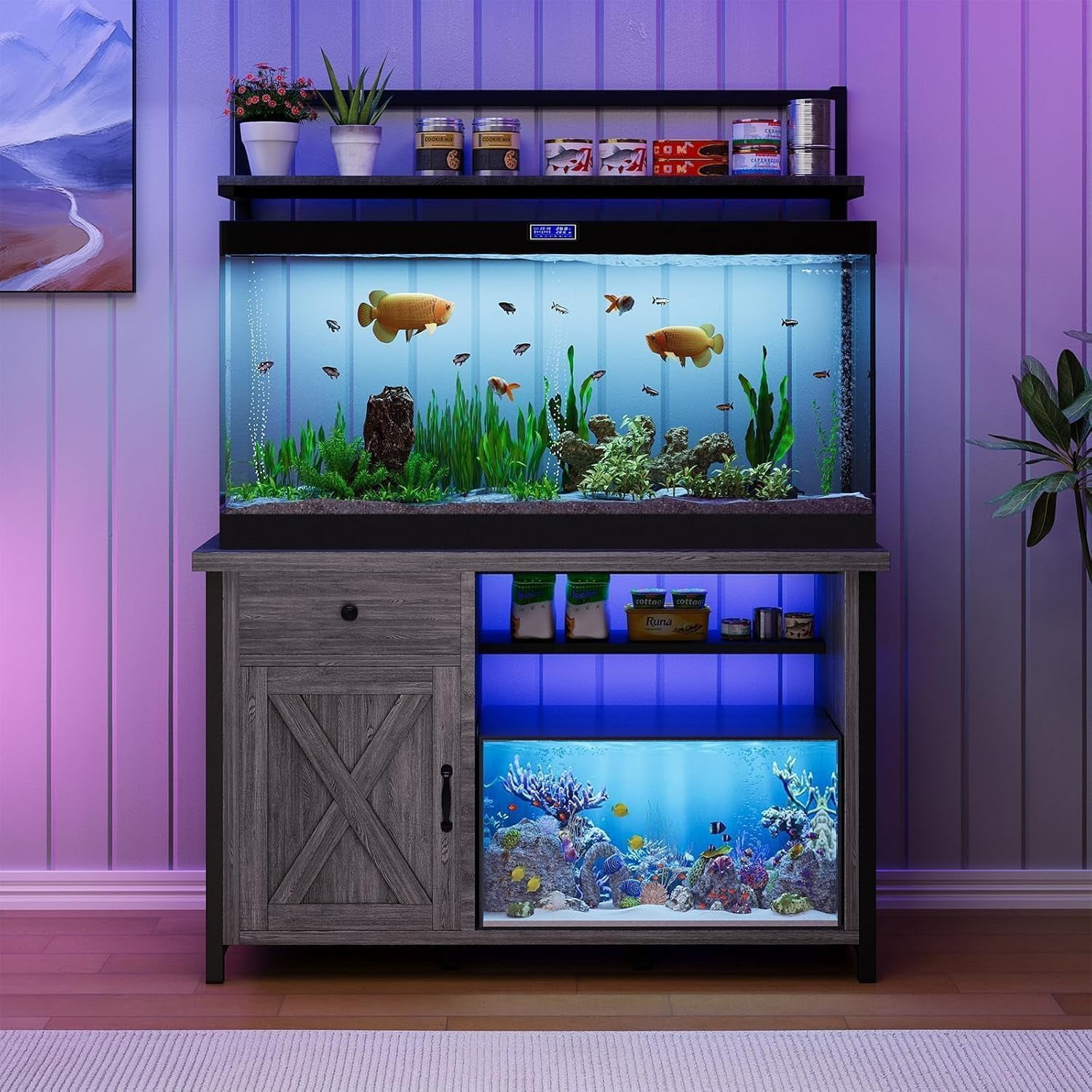 DreamCurship Fish Tank Stand with Power Outlet and Led Light, Cabinet for 55-75 Gallon Aquarium, RGB Lighting Strip Ideal for Turtle Enclosure, Supports up to 1100 Pounds, Gray