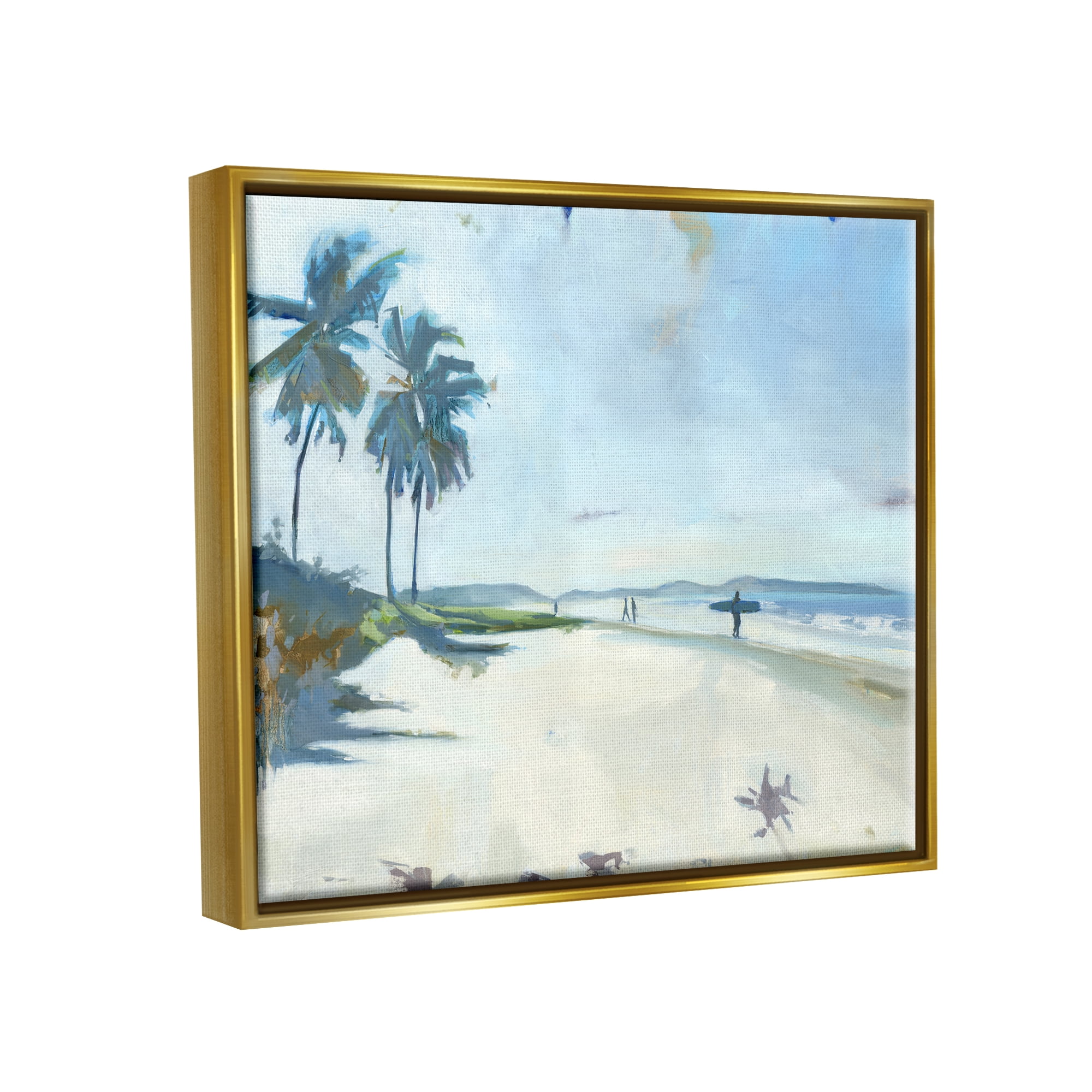 Stupell Industries Tropical Blue Beach Scene Surfers Coastal Painting Gold Floater Framed Art Print Wall Art