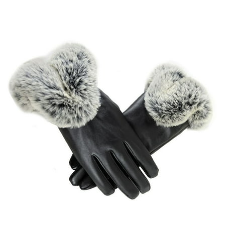 Womens Ladies Faux Leather Five Finger Gloves Winter Warmer Wrist Mitten