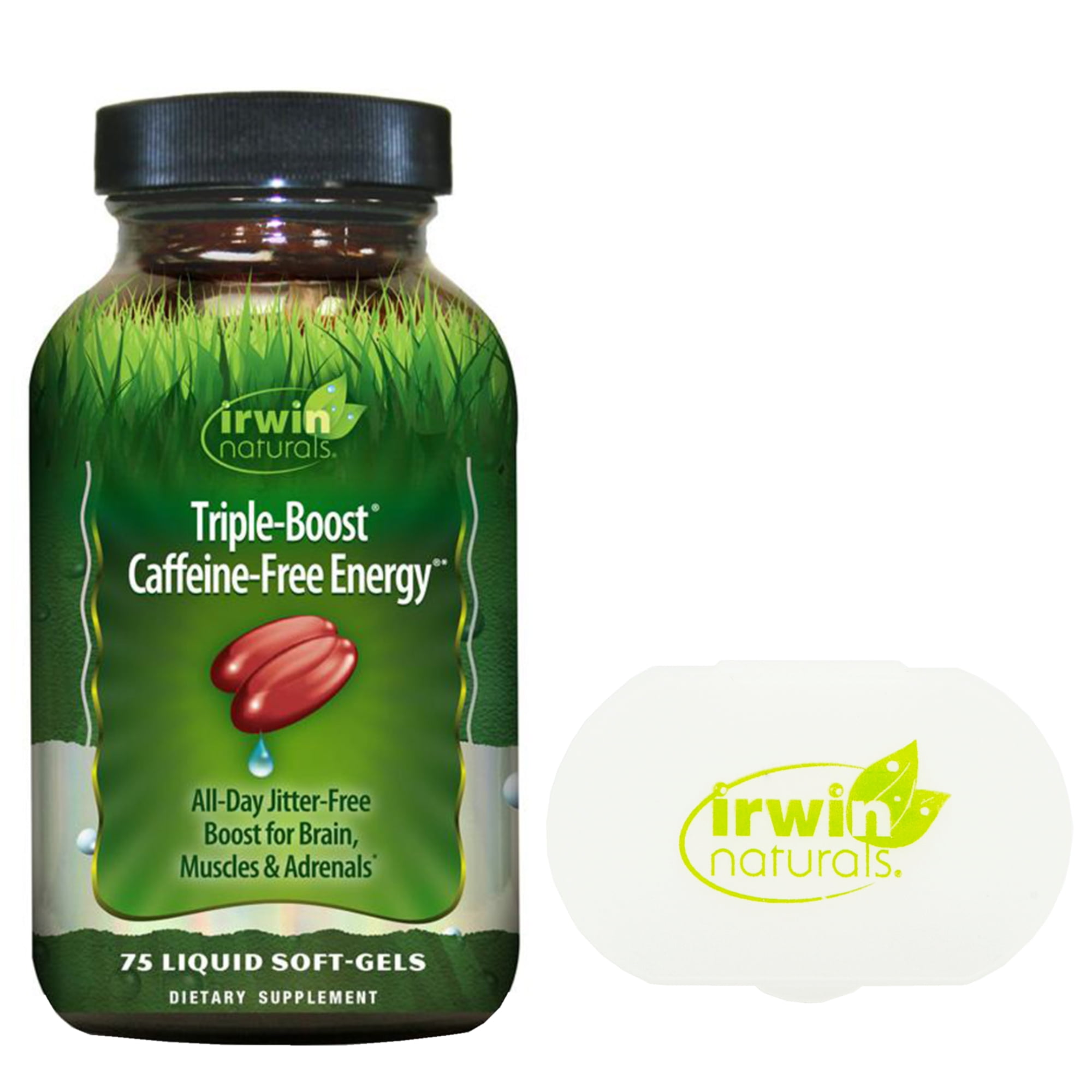 Irwin Naturals Triple Boost Caffeine-Free Energy 75 Liquid Softgels + Pill  Case