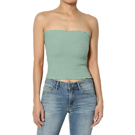 

TheMogan Women s Strapless Scalloped Hem Smocked Crop Tube Top Stretch Bustier
