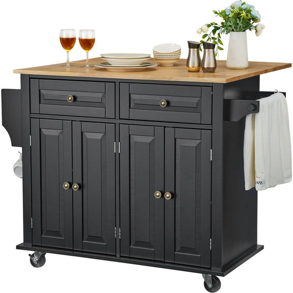 Style Kitchen Island Cart with Wheels, Drawers and Storage Shelves - Mobile Rolling Cabinet