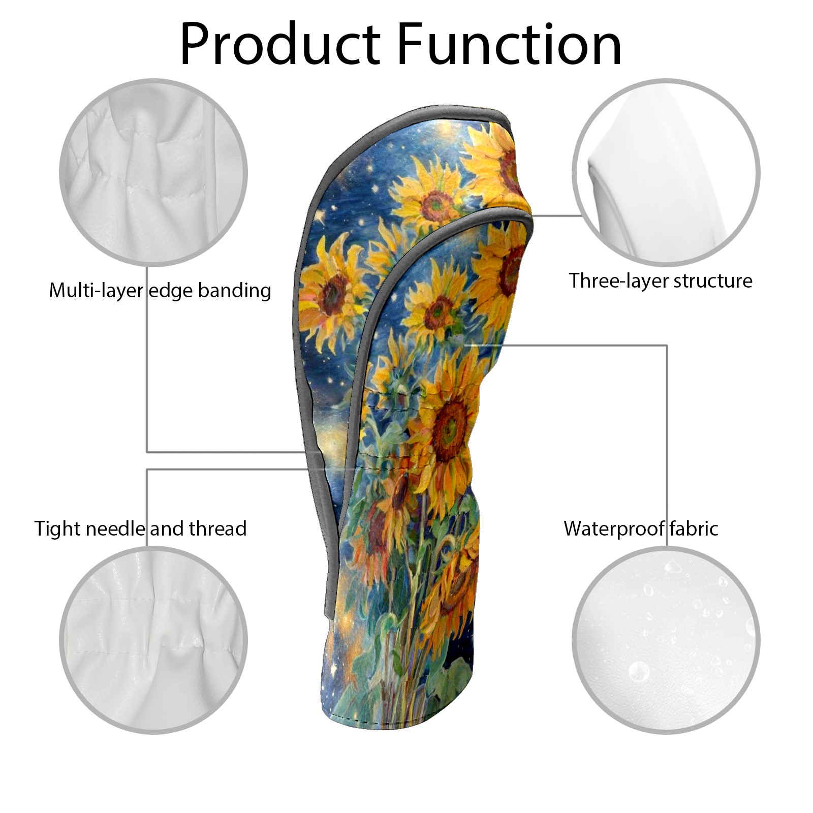 Golf Club Covers, Blue Sunflower Premium PU Leather Driver Hybrid Putter Head Covers with Velvet Lining, Waterproof Golf Gifts for Men Women