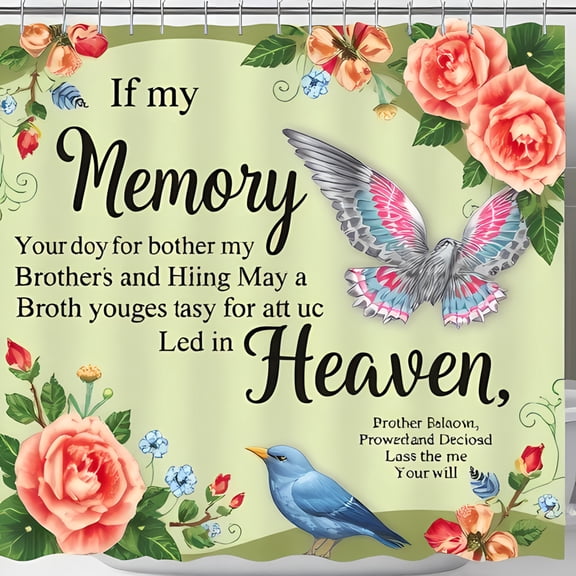 Floral Shower Curtain with Pale Green Background Pink & Peach Roses Blue Flowers and Elegant Memorial Message