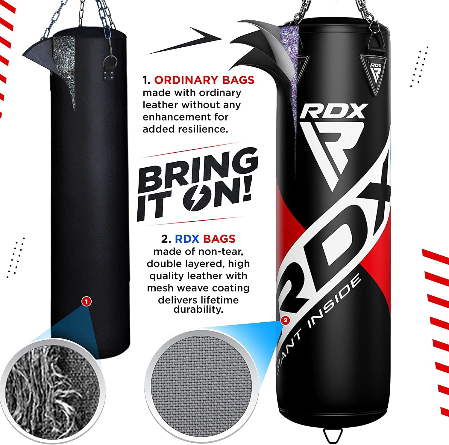 RDX Punching Bag for Boxing Training, Filled Heavy Bag Set With Punching Gloves and Hanging Chain, 3pc for Grappling, Kickboxing, MMA, Muay Thai, Karate, BJJ and Taekwondo, 60 lb, 80 lb