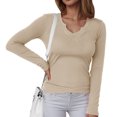 thumbnail image 2 of vigerkar Womens Long Sleeve Shirts V-Neck Rib Knit Slim Fit Tops Casual Stretch Basic Tee Going Out Top Fall Fashion (Khaki, M), 2 of 6