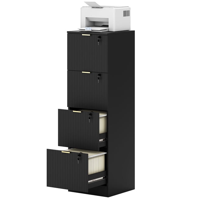 Black Lockable Filing Cabinet - 4-Drawer Office File Cabinet with Adjustable Rails & Printer Stand, 15.7" x 15.7" x 51.6" - Home Office Storage