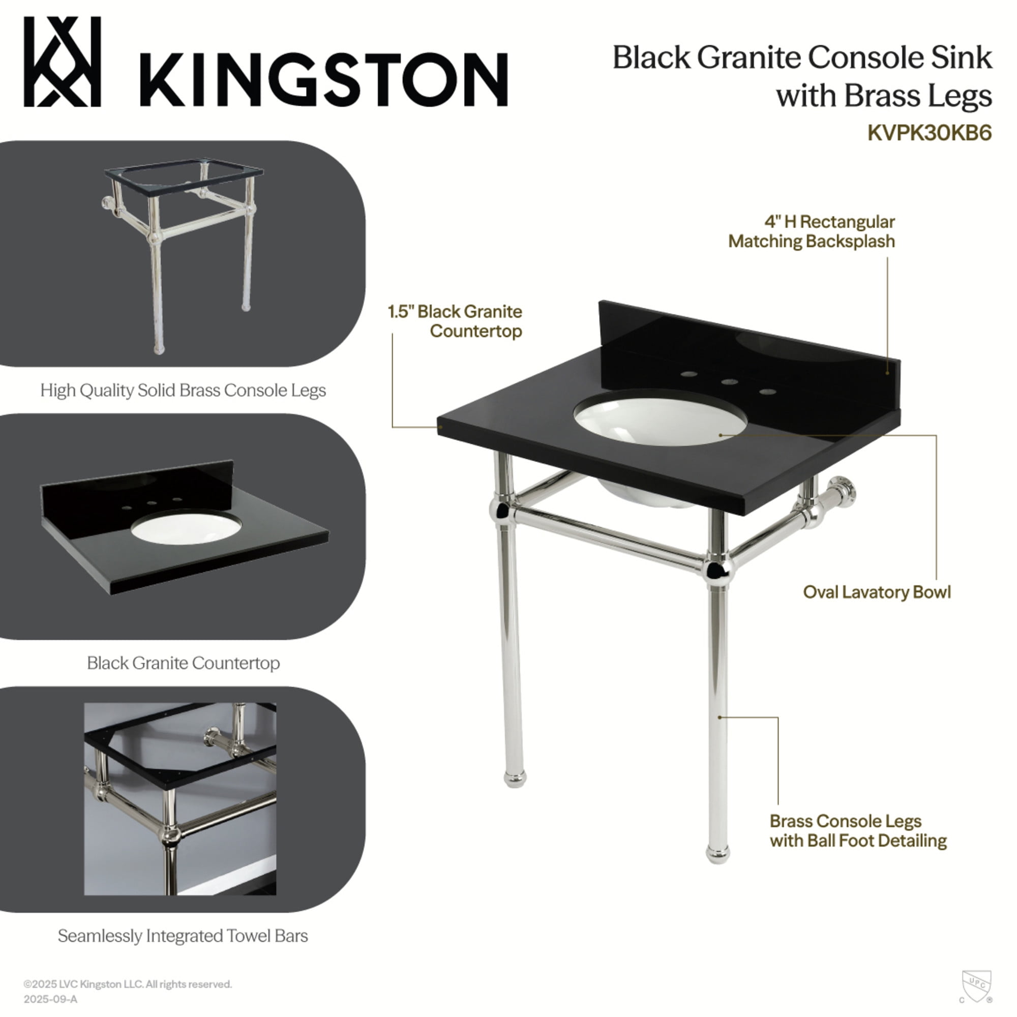 Kingston Brass KVPK30KB6 Templeton 30-Inch Black Granite Console Sink with Brass Legs (8-Inch, 3-Hole) in Black Granite/Polished Nickel