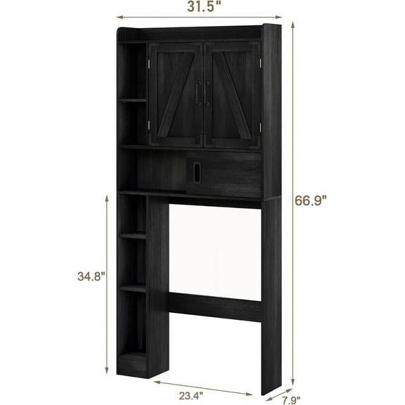 Over The Toilet Storage Cabinet, Farmhouse Bathroom Storage Cabinet with Barn Doors, Sliding Drawer, Adjustable Shelves, Space-Saving, Black
