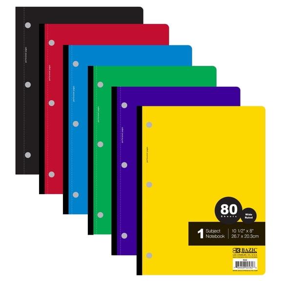 BAZIC Wide Ruled 1 Subject Notebooks 80 Sheets, Assorted Color, 6-Pack