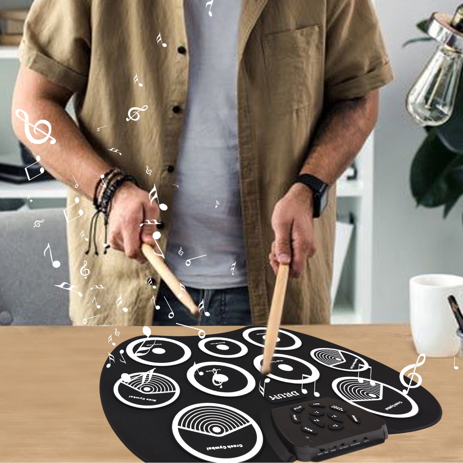 YAHHU Electronic Drum Set Hand Roll Practice Pad Kit 9 Pads MIDI Interface Portable Tabletop Electric Drums with Foot Pedals and Drumsticks for Holiday Birthday Gifts 16.1 Inches