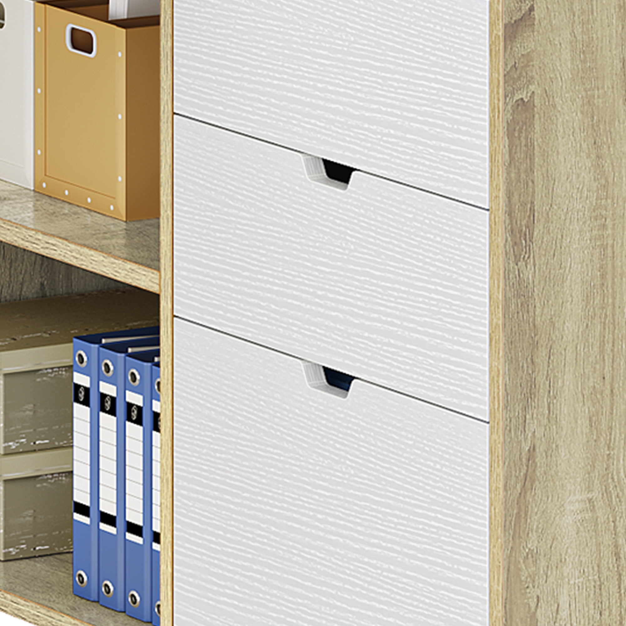 Uforic  55" Corner L Shaped Desk with Power Outlets & LED Lights & File Cabinet, 3 Drawers & 3 Storage Shelves, Home Office Desk with Bookshelf, White& Oak