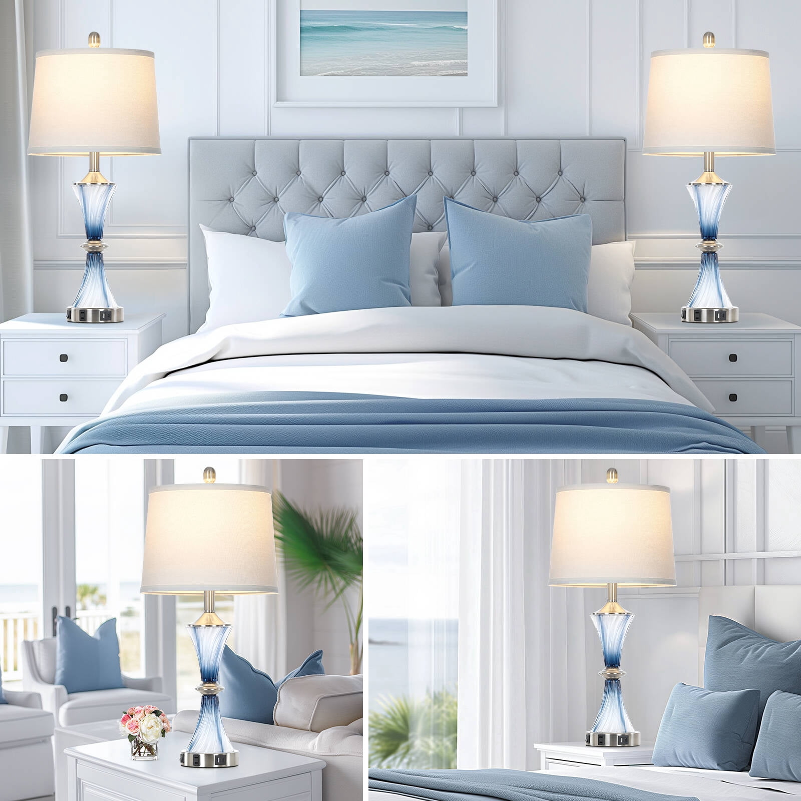 Cinkeda 27" Blue Gradient Glass Table Lamps Set of 2 with USB-C/A Ports & AC Outlet,Coastal Lamp for Night Stands Bedroom Living Room