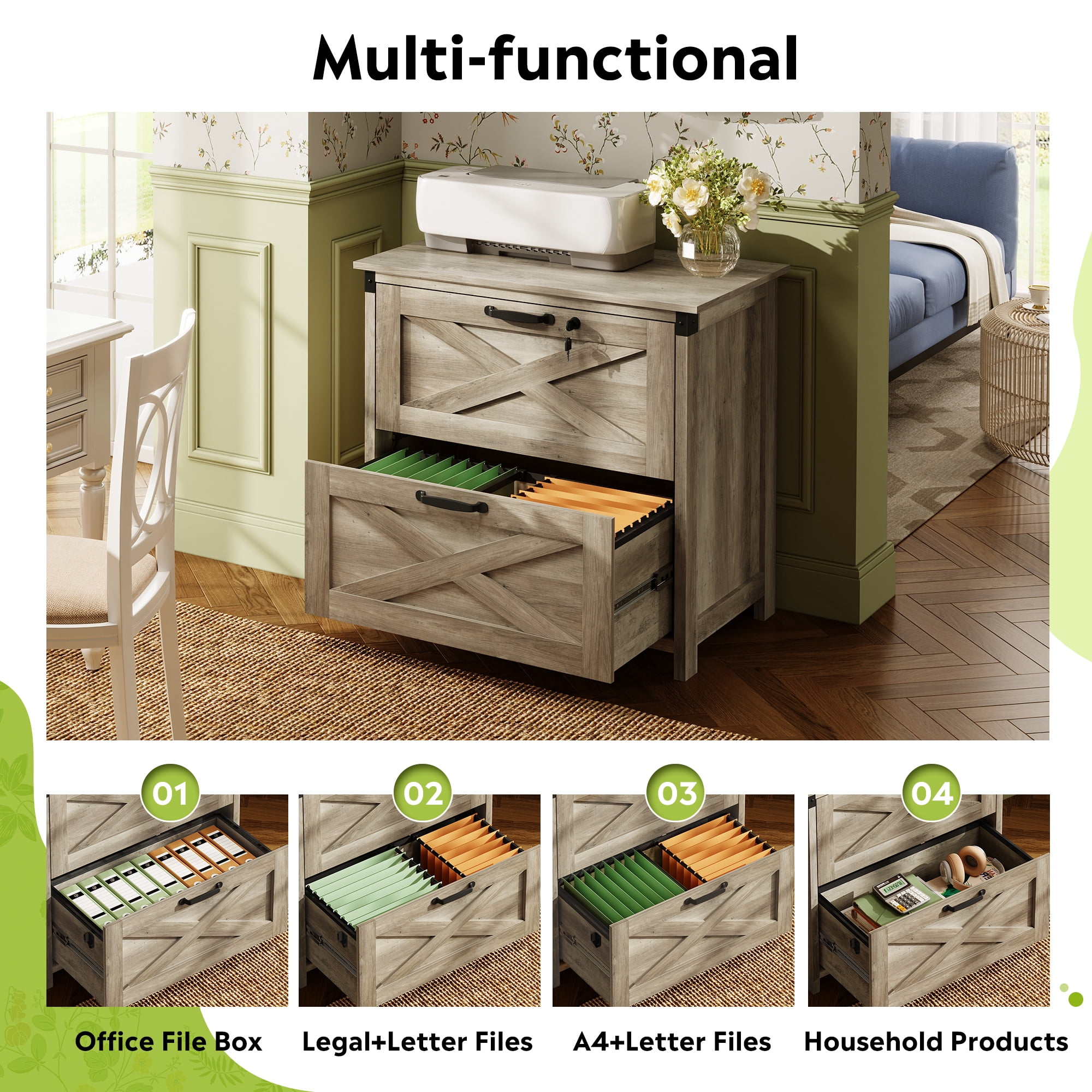 GALAXHERO 2 Drawer Lateral File Cabinet with Lock, Farmhouse Wood Filing Cabinet for Home Office, Fits Letter/Legal/A4, Printer Stand, Gray Oak