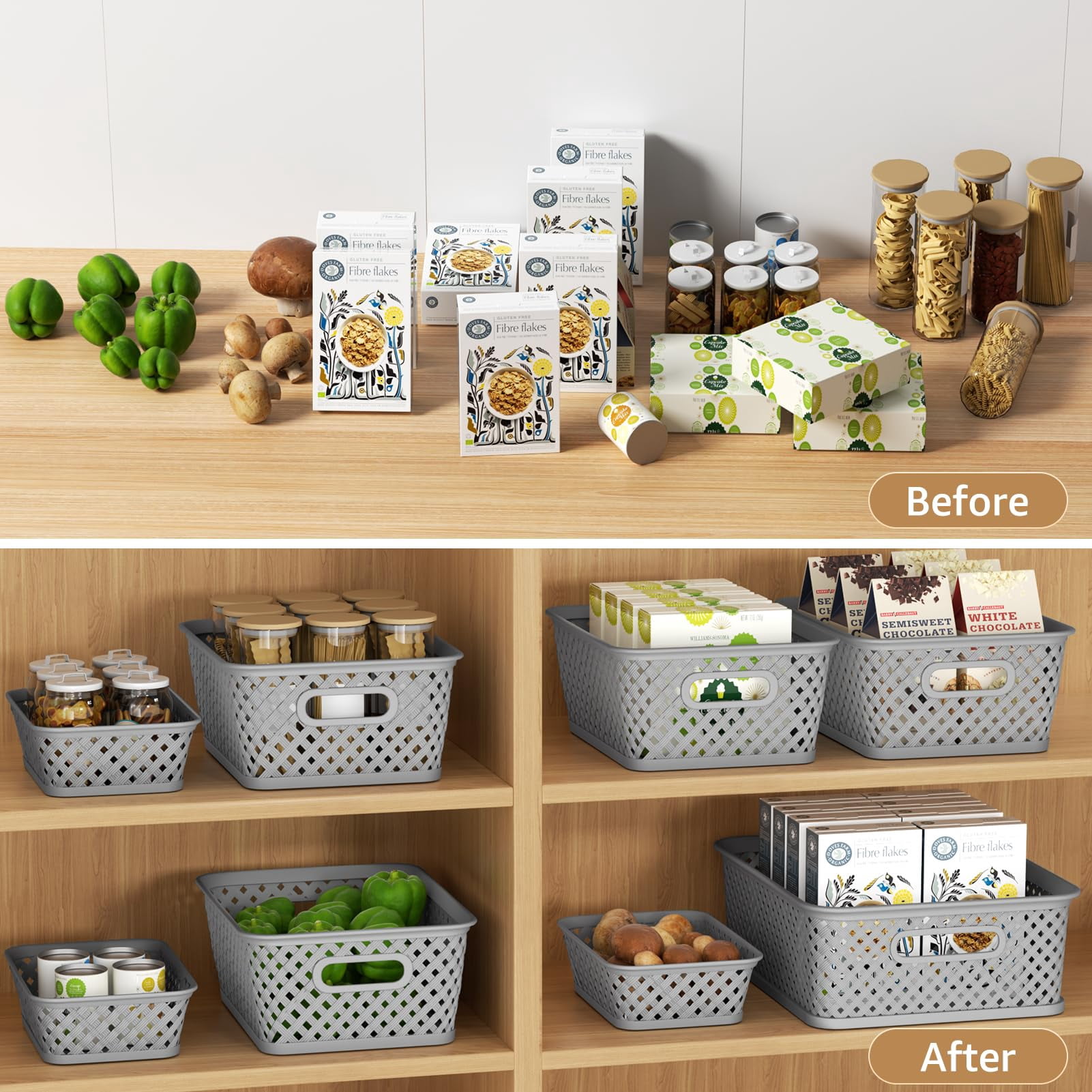 Medium Grey Plastic Storage Baskets 3 Pack For Home Office Organization