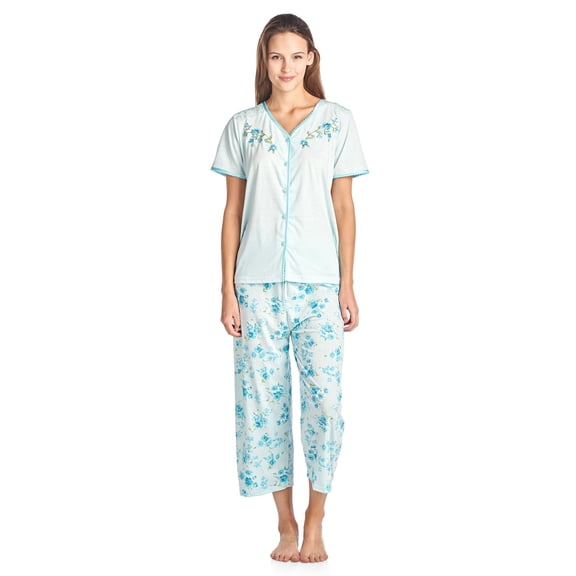 Casual Nights Women's Short Sleeve Floral Satin Lace Capri Pajama Set